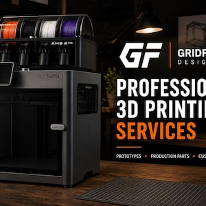 May include: A dark gray 3D printer with a black screen and a filament storage unit on top. The image includes the text "PROFESSIONAL 3D PRINTING SERVICES" and the Gridforge Design logo.
