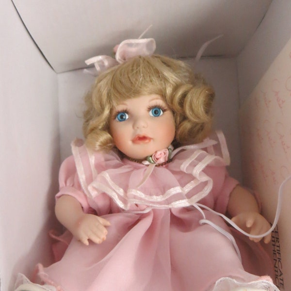 Marie Osmond Tiny Tots Doll, 5.5," Porcelain Collector Doll, Baby Megan, Pink Lace Dress, COA, BOX, Hand Numbered 1172