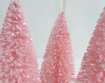 3 pequenas árvores de escova rosa ou prateadas, 10 cm, decoração para casa e festas, estilo vintage shabby chic, árvores de aldeia