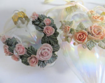 Set of 3 Pink Victorian Glass Ornaments, Hand-Blown Glass, Accented, Romantic Roses, Ribbons, 1 Round + 2 Teardrop, No Hearts, Shabby