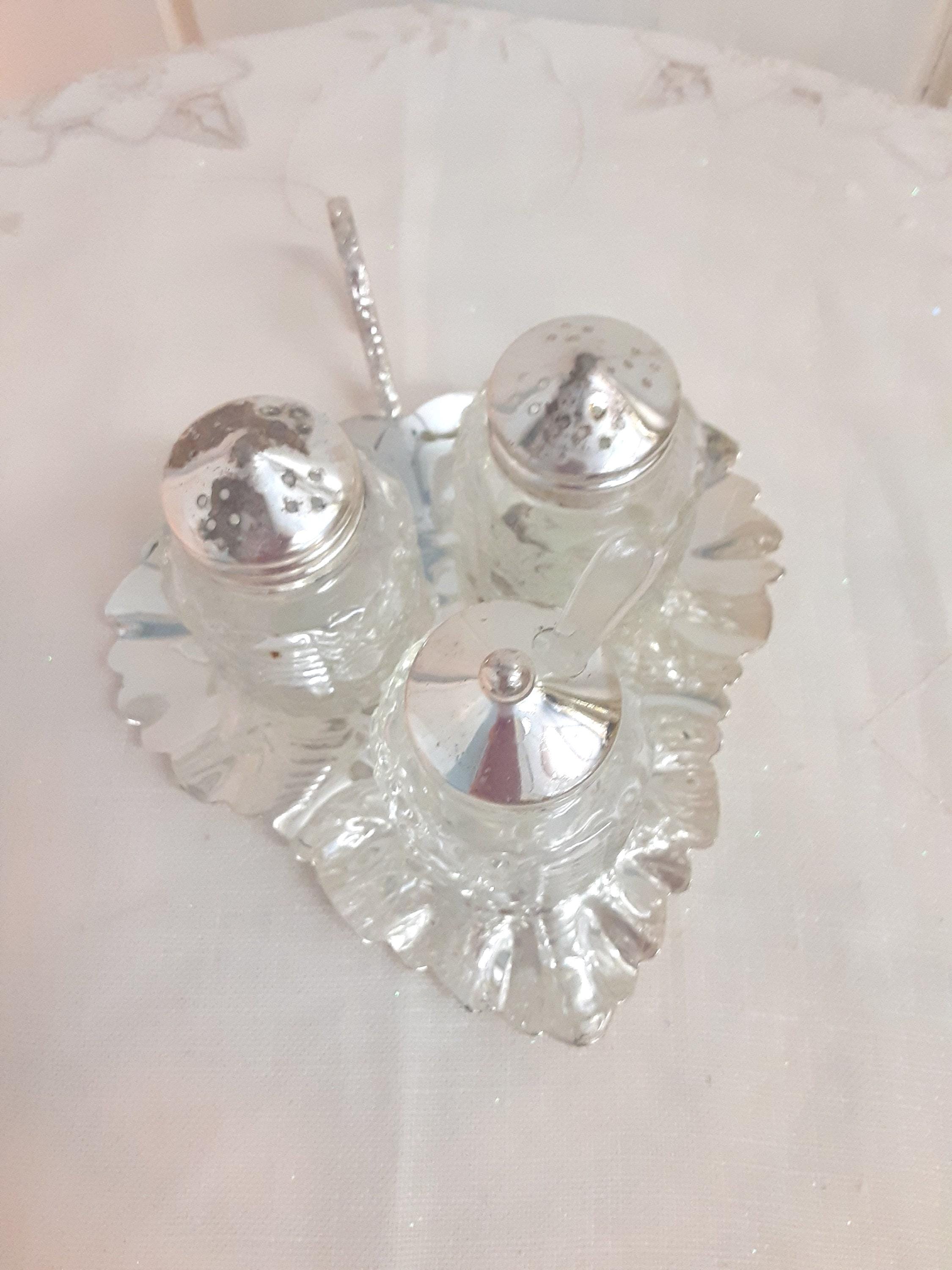 Vintage Cut Glass Salt + Pepper Shakers + Spice Jar, Spoon on 