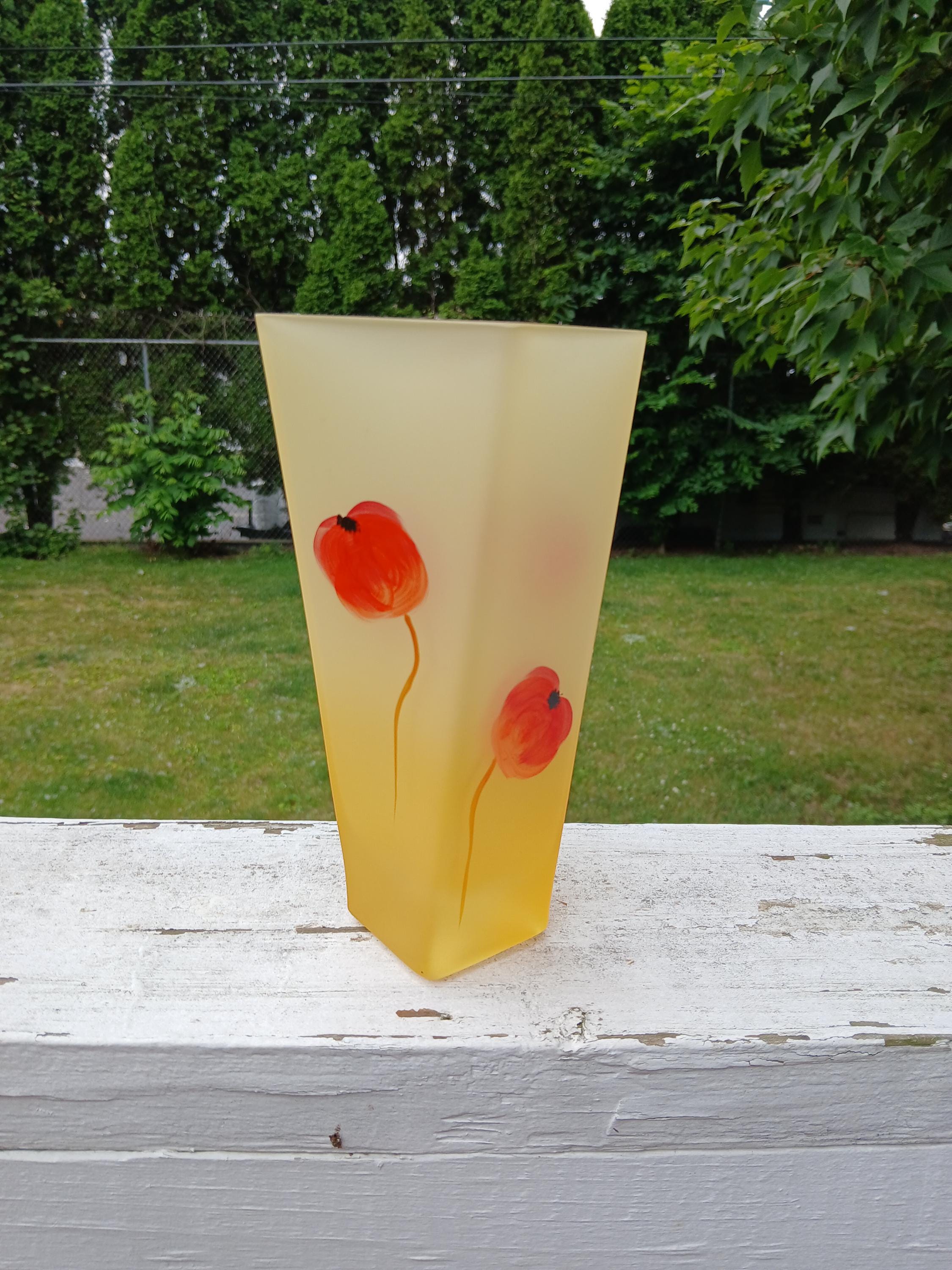 藤本 Vintage Womar Hand Painted Glass Vase, Satin Frost Floral, Poland