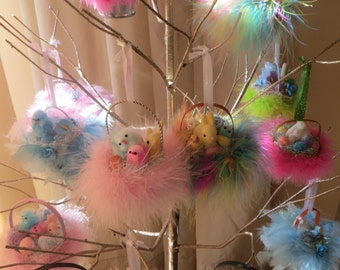 1 Easter ornament,easter decor,chick,eggs,feather tree ornament,shabby cottage,tree + display only