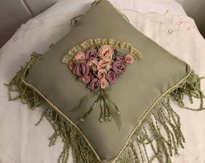 Victorian Pillow, Fringe, Sage Green, Pink Roses, Lace, Small