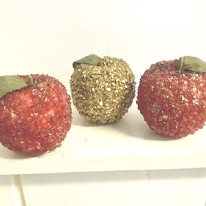 3 Beaded sugared fruits, golden red apples, leaves, artificial fruit, fake faux, home decor, craft, floral, 3&quot;