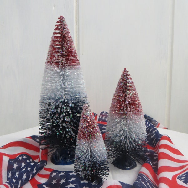 Patriotic Lemax Bottle brush tree, 8.5" or 5" or 4" Red, White, Blue, Ombre, Glittered, Home, Parties, Summer, Memorial Day, 4th of July