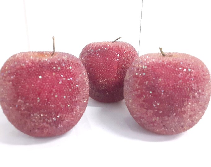 3 Beaded Sugared Fruits, Red Apples, Artificial Fruit, Fake Faux, Home