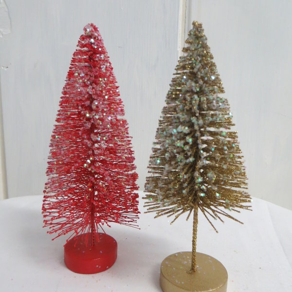 6" Bottle brush tree, Choice of Gold or Red, Shabby Vintage style, Sisal tree, Glittered tree