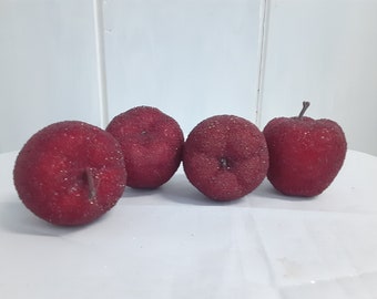 4 medium sugared apples, red, artificial fruit, fake faux, home decor, craft, floral, 2.5" + stems, medium size