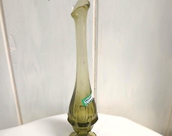 Fenton Swung Vase MCM 6 Petal Base Olive Green Valencia, Vintage, 12," On SALE