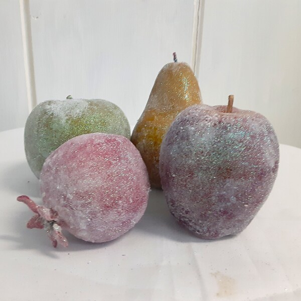 4 Handmade Sugared fake fruits, apples, pear, pomegranate, 3" - 4.5," artificial fruit, faux, home decor, kitchen, dining, SET