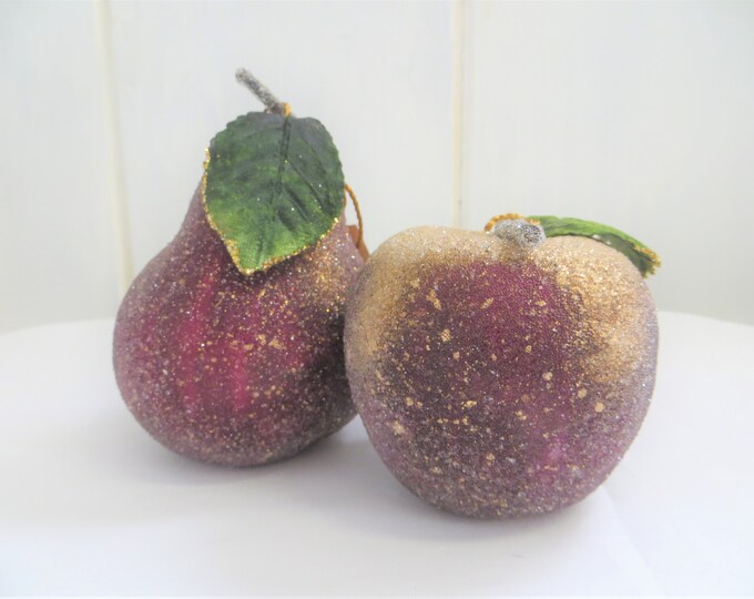 2 Sugared Fruits, Red Apple, Pear, Artificial Fruit, Fake Faux, Home