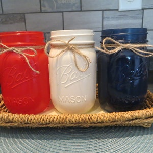 SET, 3 Red White Blue Mason Jars,Patriotic, 4th of July Decor,Memorial Day Decoration,Flag,Country Chic,Summer Centerpiece,Tray not included