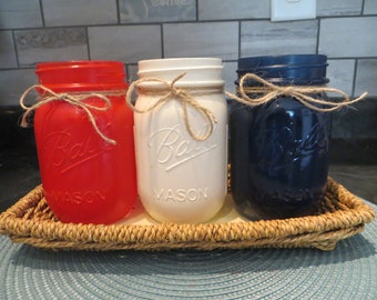 Red White Blue Mason Jars,Patriotic, 4th of July Decor,Memorial Day Decoration,Flag,Country Chic,Summer Centerpiece,Tray not included