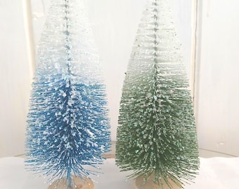Ombre Blue or Green and White Bottle Brush Christmas Tree, Glittered Sisal Decor, 8"