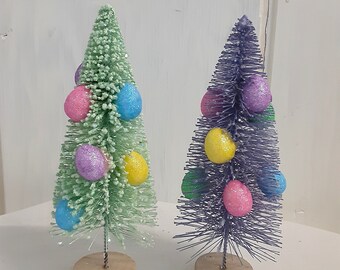 Decorated Bottle Brush Egg Tree, 6," CHOICE of green or purple, Easter, Spring Glittered eggs.