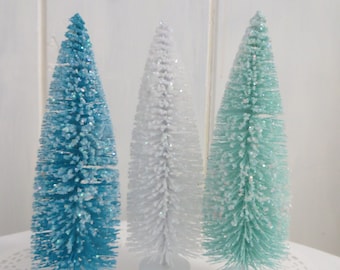 Bottle brush tree, 8" Choice of Aqua, Teal or White, Glittered