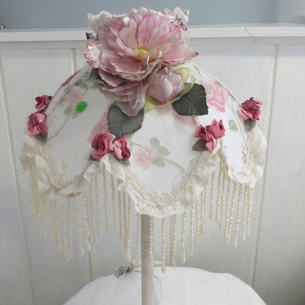 Tall Victorian Lamp, 24," Vintage, Lacy, Shabby, Pink Roses, Ivory Fabric Shade, Neutral, Romantic Lamp, Plug in