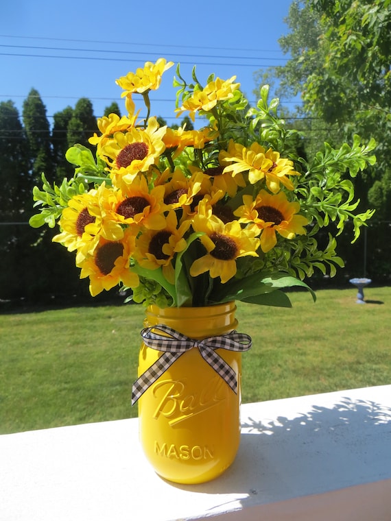Sunflower Mason Jar Centerpiece, Rustic Farmhouse Decor, Buffalo Check Ribbon