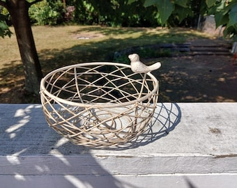 Vintage White Metal Bowl with Bird Accent: Textured Decorative Bowl