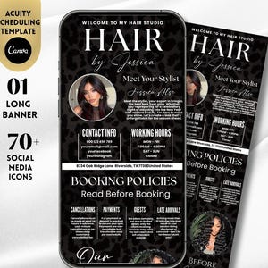Op de afbeelding: Een digitale marketingsjabloon voor een kapsalon met een zwarte luipaardprint achtergrond. Het ontwerp bevat secties voor contactgegevens, openingstijden en boekingsbeleid, met witte tekst en een cirkelvormig portret van een stylist.