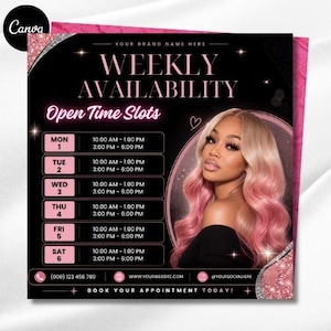 Weekly Time Slots Flyer, Canva Schedule Template, Client Appointment Booking Availability Flyer, Editable Digital Beauty Business