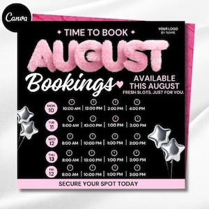 August Booking, Monthly Available Appointments Time Slots Flyer Template, Instagram August Books Calendar, Canva for Hair, Lash, Nail, Braid