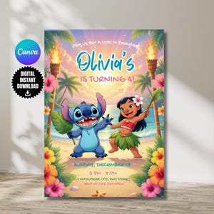 May include: A birthday invitation featuring Stitch and Lilo on a beach with palm trees, tiki torches, and hibiscus flowers. Text reads: Join Us For A Luau In Paradise! Olivia's IS TURNING 4! SUNDAY, DECEMBER 18, 5 PM - 8 PM, 123 ANYWHERE CITY, ANY STREET.