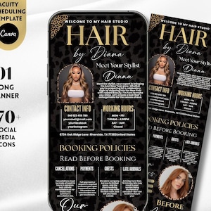 Puede incluir: Una plantilla de marketing digital para un salón de peluquería con un fondo de estampado de leopardo negro y dorado. El diseño incluye texto que dice Hair by Diana, Meet Your Stylist, Contact Info, Working Hours y Booking Policies.