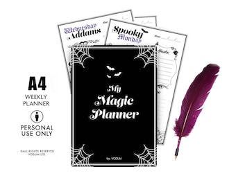 Magic Gothic Printable Weekly Planner - Goth Ghouls Witch Witchcraft Addams Wednesday Spooky Bats Skeleton Dead Skull Coffin Vampire Moon