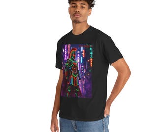Neon Spartan Helmet T-Shirt | Cyberpunk City, Glowing Retro Warrior