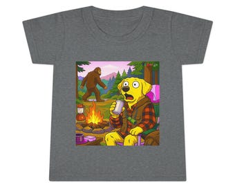 Camping Yellow Lab with Sasquatch Toddler T-shirt | Funny Outdoor Scene