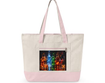 Colorful Bottles Zippered Canvas Tote | Neon Glass Bottle Art, Reusable Market Bag