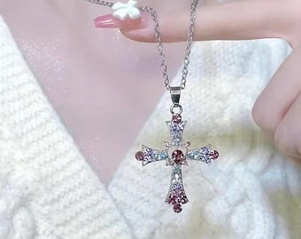 Y2K Crystal Cross Pendant Necklace Silver Rhinestone Grunge Chain Accessories