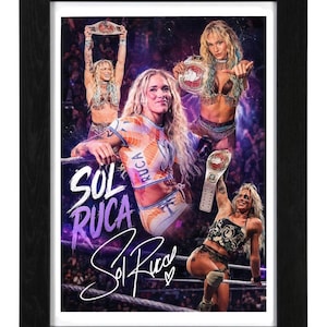 May include: A framed collage featuring multiple images of professional wrestler Sol Ruca in various ring poses, including holding championship belts. The print includes the text SOL RUCA in bold purple letters and a handwritten signature in white ink.