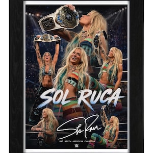 May include: A framed collage featuring multiple images of wrestler Sol Ruca with blonde hair, wearing colorful crochet-style athletic gear and holding championship belts. The text reads SOL RUCA, a signature, and NXT NORTH AMERICAN CHAMPION.