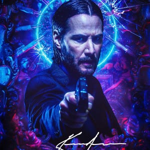 May include: A poster featuring a man with dark hair and a beard, wearing a dark suit, pointing a black handgun forward. The background is illuminated by a bright blue neon circle, surrounded by floating knives and roses in shades of blue and purple.