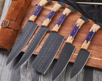 Handmade 5-Piece Chef Knife Set | Hammered Black Blades with Wood & Resin Handles + Leather Roll
