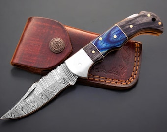 Handmade Damascus Folding Knife, Rosewood Handle, Leather Sheath