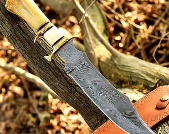 Handmade Damascus Custom Camel Bone / Brass Sub Hilt Bowie Hunting Knife