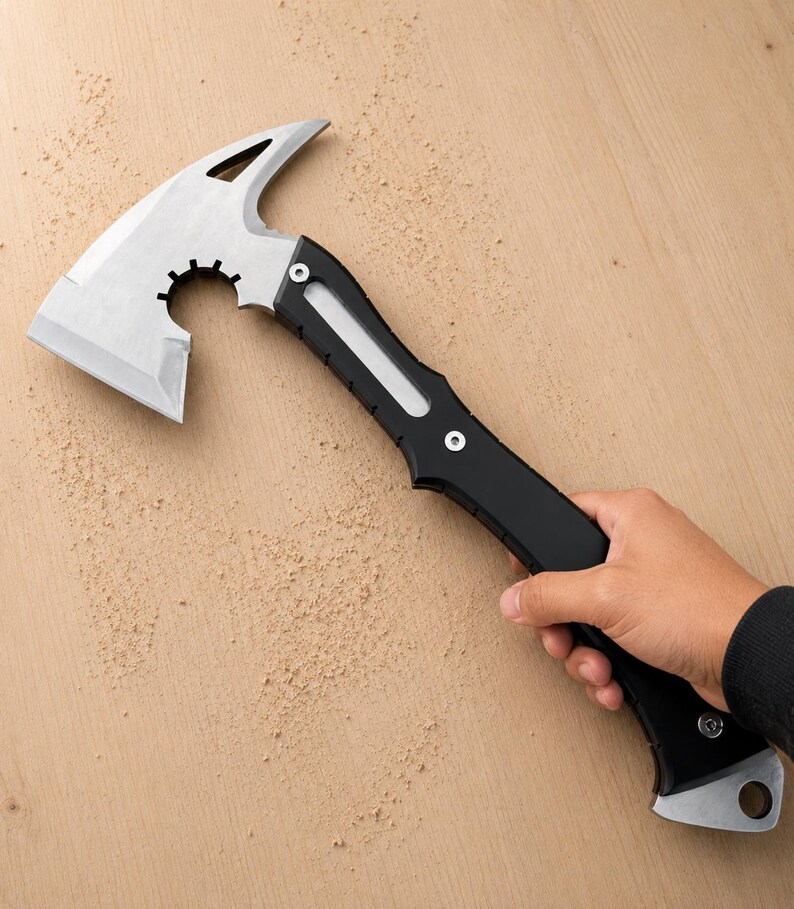 May include: A tactical hatchet featuring a silver-colored metal head with a curved blade, a cutout design, and a notched circular opening. The handle is black with a silver-colored inlay, secured by two visible screws, and includes a lanyard hole.