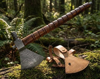 Hand-Forged Damascus Steel Tomahawk Axe | Viking Hatchet with Leather Sheath