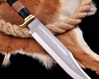 Handmade D2 Steel Bowie Knife – Leather Handle Hunting Knife with Sheath