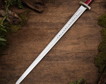 Fantasy Rune Sword – Medieval Longsword with Red Handle – Cosplay Prop Collectible Blade – Gamer Decor Wall