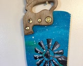 Hand Painted Vintage Hand Saw Windmill at Sunset