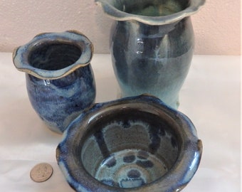 Set of Three Blue Hand Thrown Vases Glazed Blue in Various Sizes