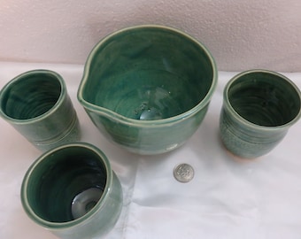 Set of Four green glazed Ceramic Pieces Pour Bowl With Three Small Vessels