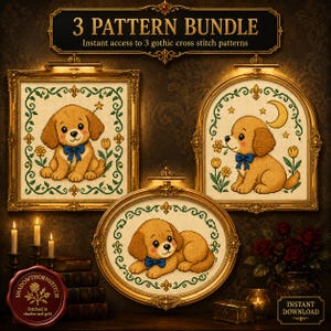 Può includere: Un pacchetto di 3 schemi con tre disegni a punto croce incorniciati di cuccioli dorati. Ogni cucciolo indossa un fiocco blu ed è circondato da viti verdi e fiori gialli. Il testo recita 3 PATTERN BUNDLE e Instant access to 3 gothic cross stitch patterns.