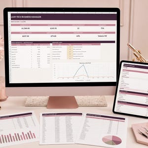 May include: A computer monitor and tablet displaying a Lash Tech Business Manager spreadsheet with financial data, charts, and tables. Printed documents labeled Service Performance, Client Follow Up, and Expense Tracker are arranged on the desk.