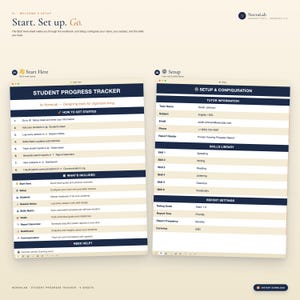 May include: A digital student progress tracker with a white background and navy blue accents. The tracker includes sections for setup, tutor information, and skills library. The text reads "Student Progress Tracker" and "Instant Download."